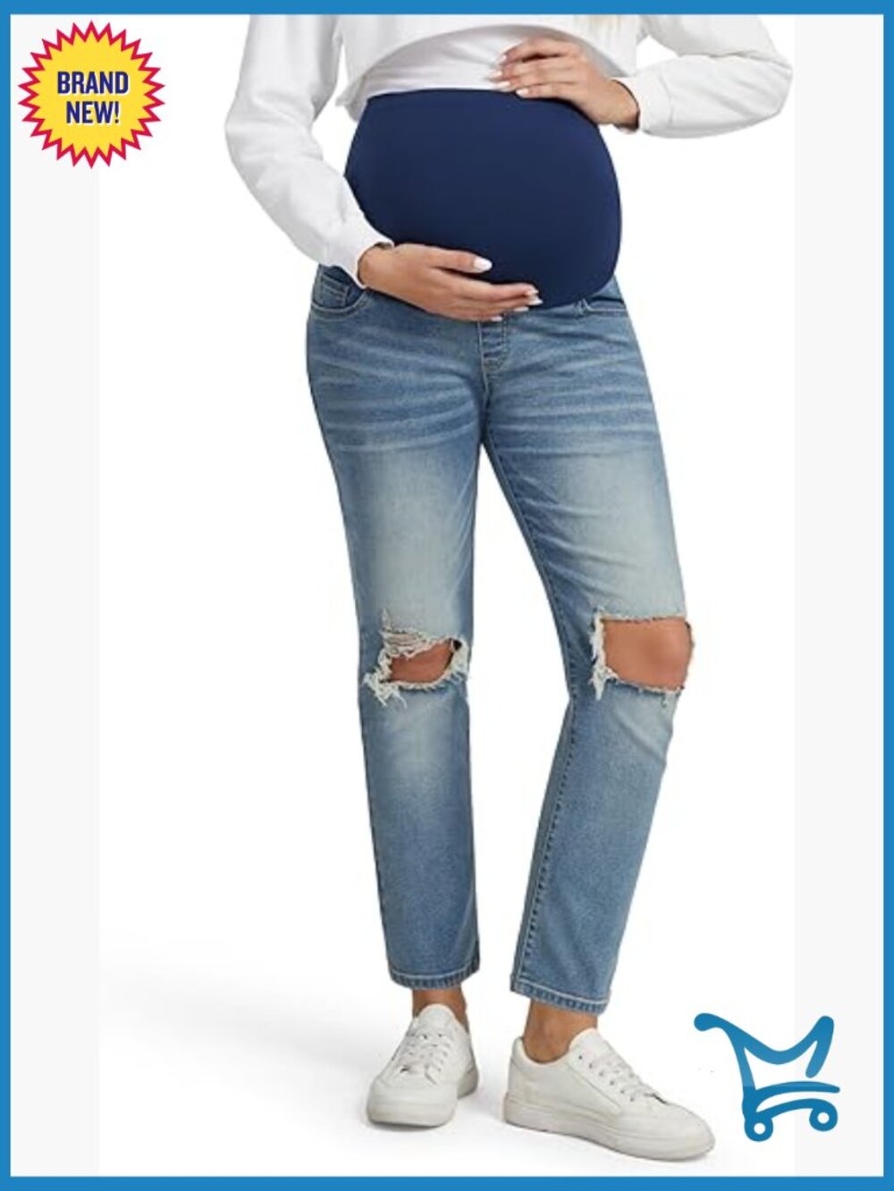 Maternity Ripped Jeans Straight Leg Distressed Knee Slit Over The Belly